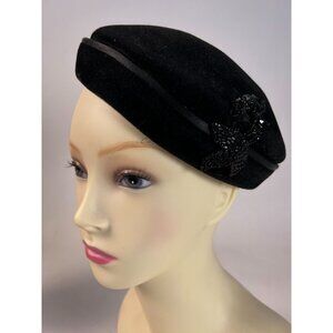 Vintage Beauville Black Beret With Beaded Embellishment Made In Italy